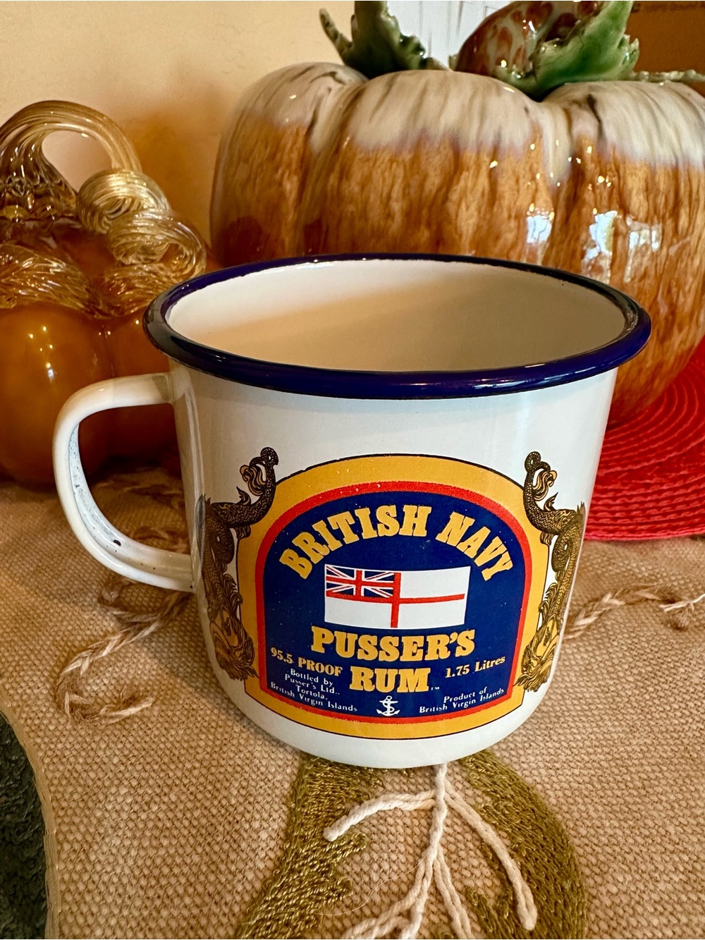 Vintage British Navy Pusser’s Rum Enameled Tin Mug. Promotional Barware 1980’s